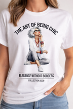 Woman wearing white premium cotton t-shirt with "The Art of Being Chic" fashion illustration print.