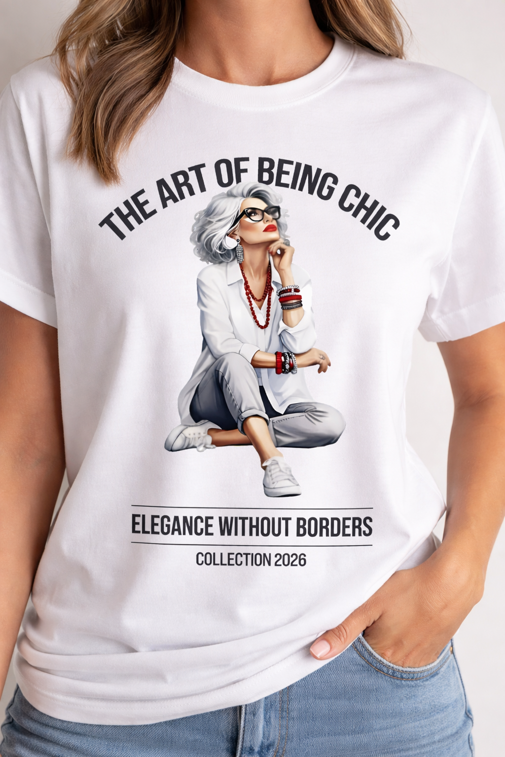 Woman wearing white premium cotton t-shirt with "The Art of Being Chic" fashion illustration print.