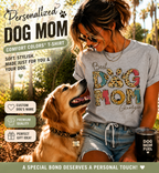 Marketing infographic for a personalized 'Best Dog Mom' Comfort Colors T-shirt on a heather grey tee, featuring a woman with a Golden Retriever, showcasing leopard print letters with a custom name 'Georgia', soft premium quality fabric, and a 'Perfect Gift Idea' callout.