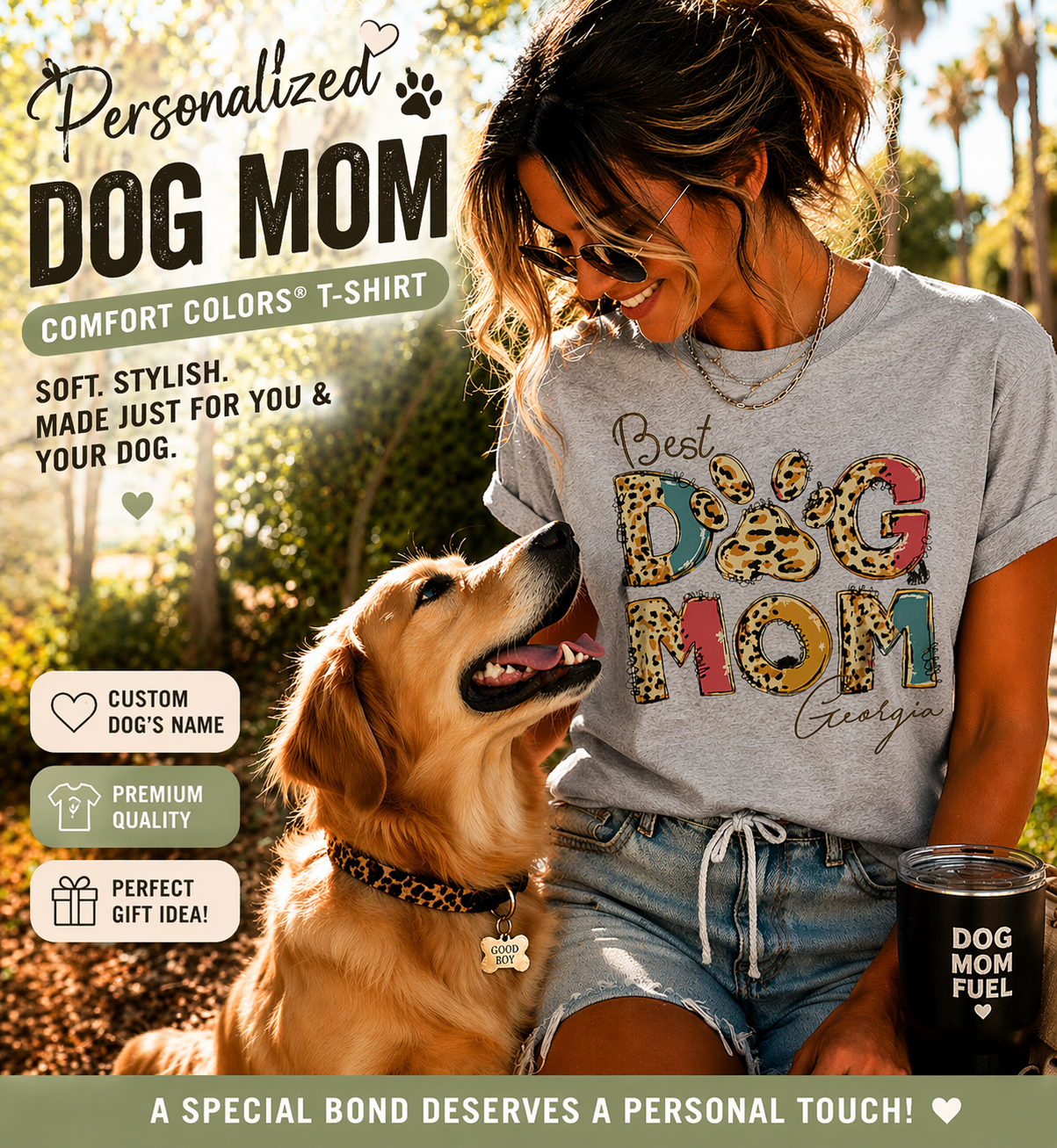 Marketing infographic for a personalized 'Best Dog Mom' Comfort Colors T-shirt on a heather grey tee, featuring a woman with a Golden Retriever, showcasing leopard print letters with a custom name 'Georgia', soft premium quality fabric, and a 'Perfect Gift Idea' callout.