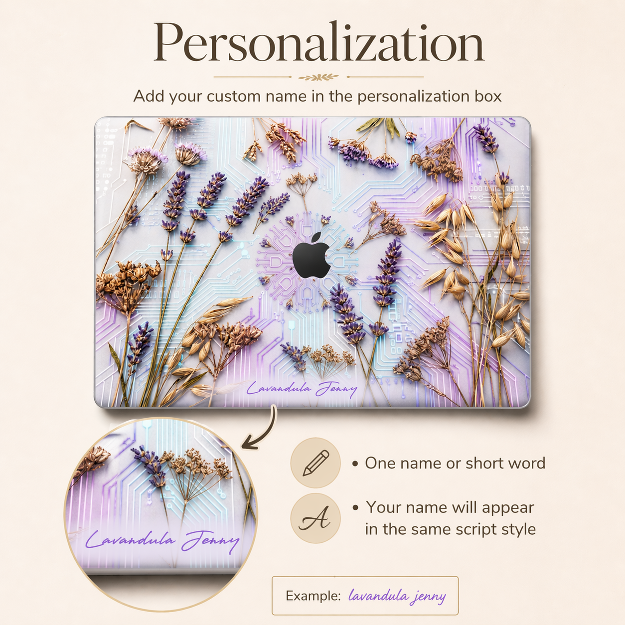 Personalized MacBook case customization guide by TrioAura Design. Aesthetic lavender and dried flower laptop cover featuring a custom name in elegant purple script. Step-by-step instructions for adding a personalized name or word to match your style and aura.