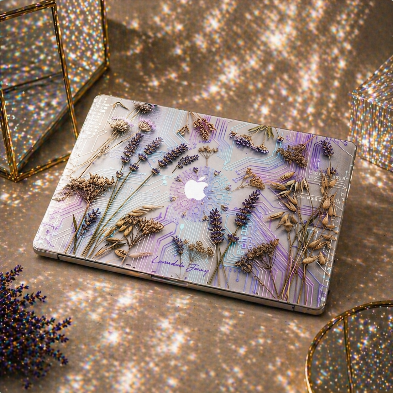 Aesthetic lavender botanical MacBook case in a dreamy lifestyle setting with warm golden light bokeh. TrioAura Design personalized laptop protector featuring dried flowers and digital circuit patterns. Premium aesthetic gift for her and modern workspace accessory.