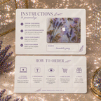 Step-by-step "How to Order" and "Instructions to Personalize" guide for TrioAura Design MacBook cases. Infographic showing model selection, name personalization, and order process. Clean, aesthetic layout with lavender botanical accents and golden bokeh lighting for a premium shopping experience.