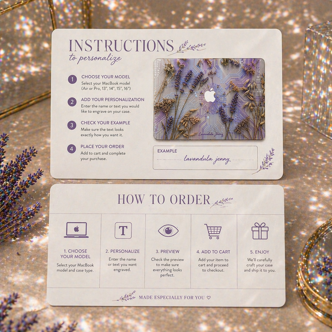 Step-by-step "How to Order" and "Instructions to Personalize" guide for TrioAura Design MacBook cases. Infographic showing model selection, name personalization, and order process. Clean, aesthetic layout with lavender botanical accents and golden bokeh lighting for a premium shopping experience.