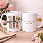 Custom Boho Mom Life Coffee Mug | Personalized Best Mom Ever Cup with Leopard & Floral Design | Chaos & Love Gift