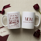 White ceramic mug showing two sides: one with a detailed burgundy illustration of a bathtub and "Soft Life Mom" text, the other with "MOM: you deserve this moment" in elegant typography. Mother's Day gift by TrioAuraDesign.