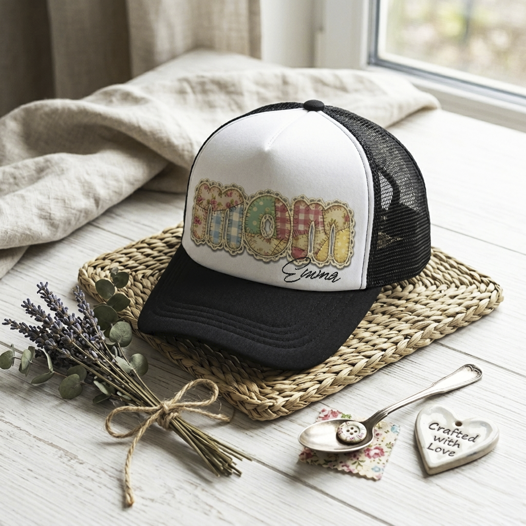 Personalized black trucker cap mockup with white front panel featuring the "Mom" floral patchwork design and name Emma.