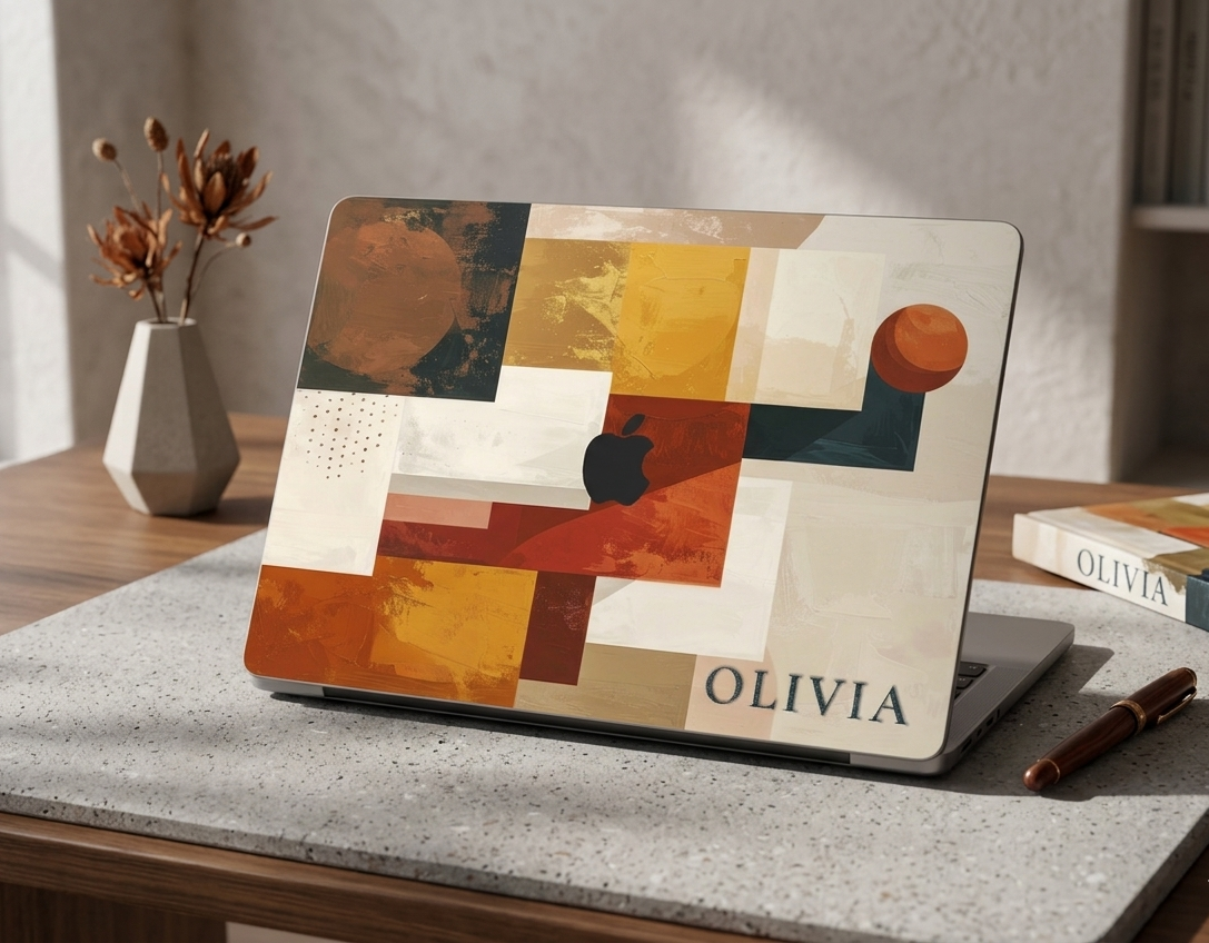 A personalized abstract modern art MacBook case with terracotta, ochre, and black geometric patterns and the name Olivia, shown on a textured grey desk mat with a pen and dried flowers.