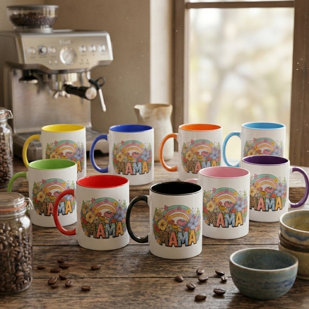 Personalized Floral Rainbow MAMA Mug – Custom Name Ceramic Coffee Cup
