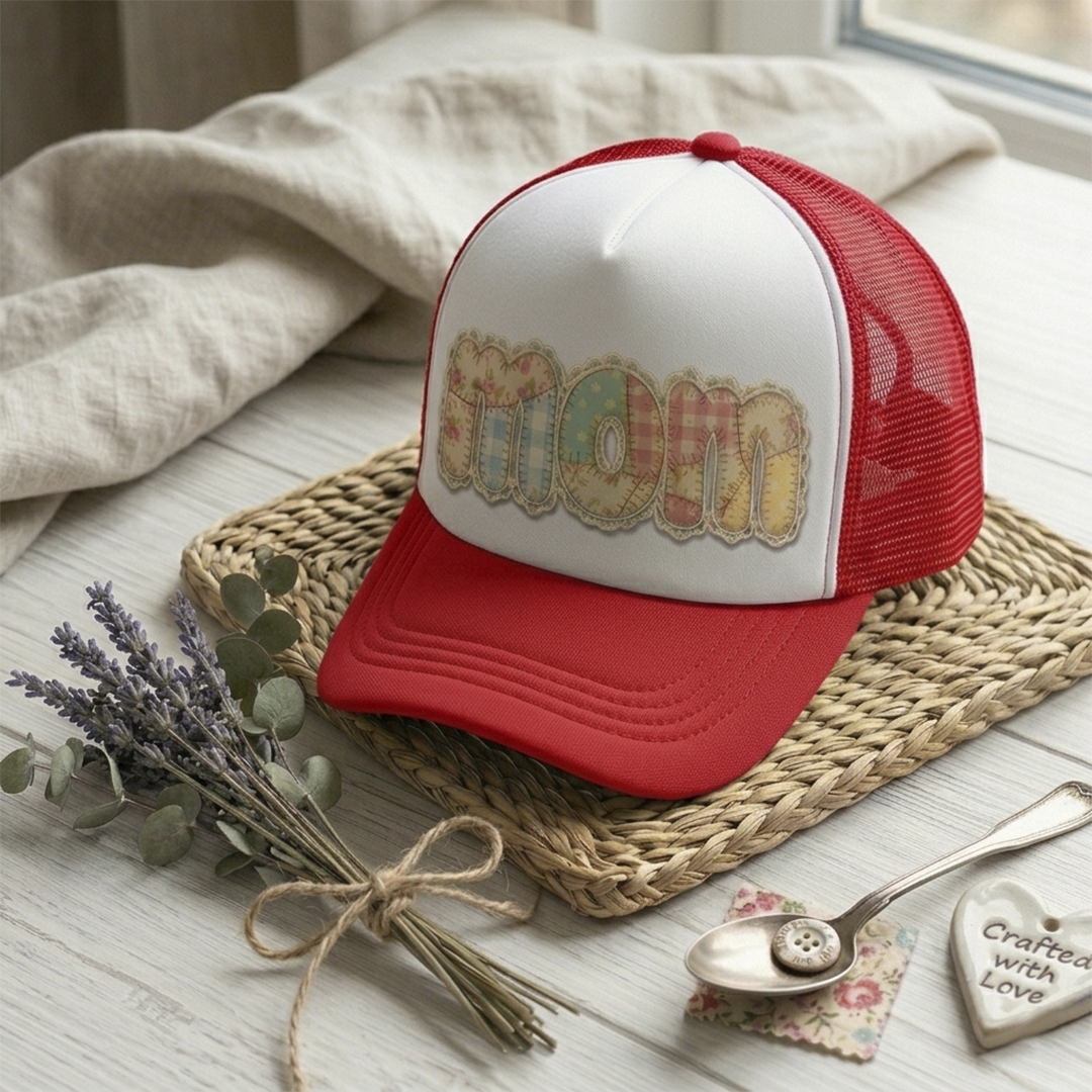 Bright red personalized mom trucker hat mockup showing the vibrant floral patchwork letters and adjustable snapback