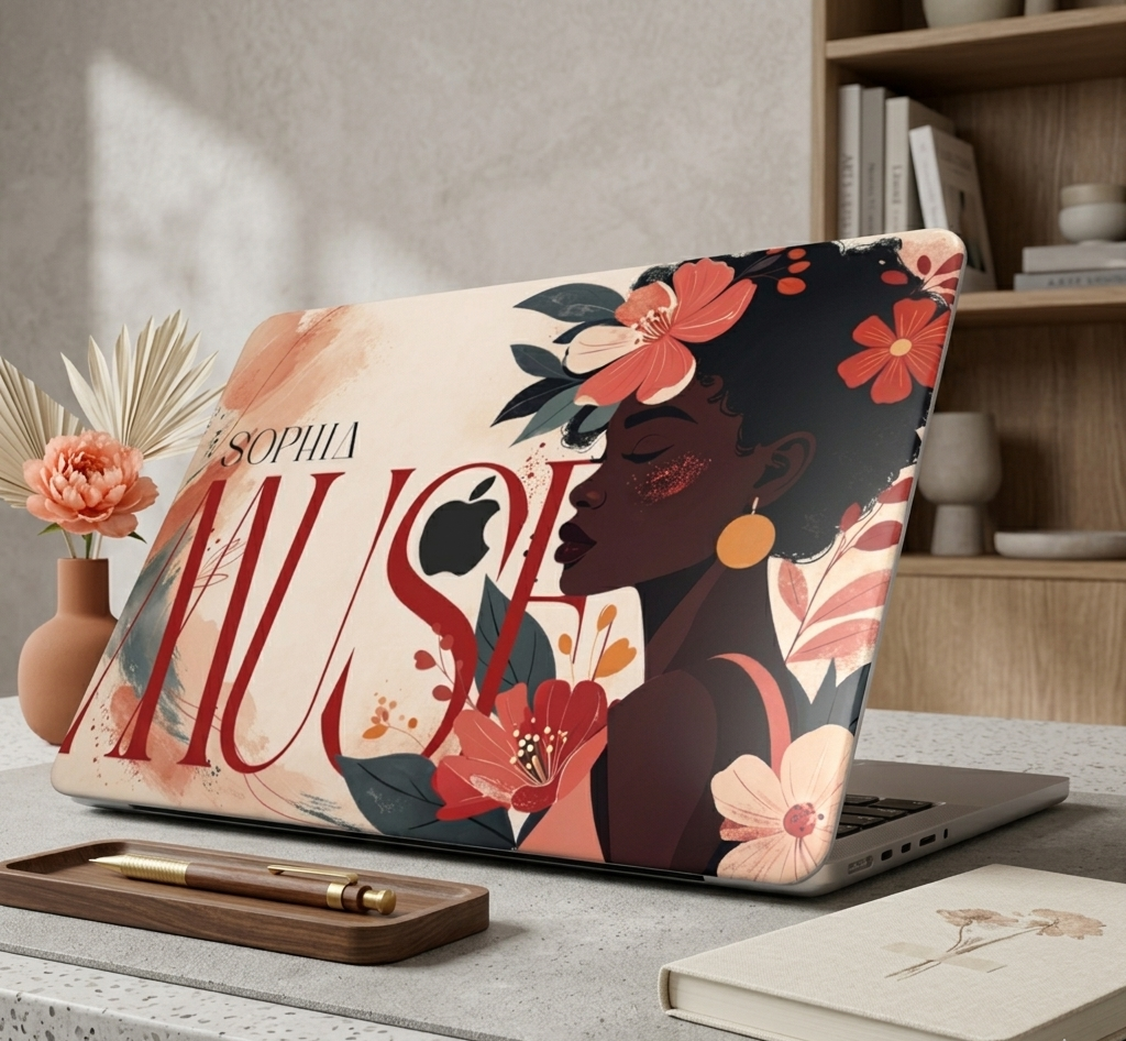 A personalized MacBook case sits open on a modern stone-top desk in a cozy home office setup, featuring an elegant illustration of a Black woman with coral and cream flowers, custom typography SOPHIA MUSE, and a warm beige artistic background with the Apple logo.