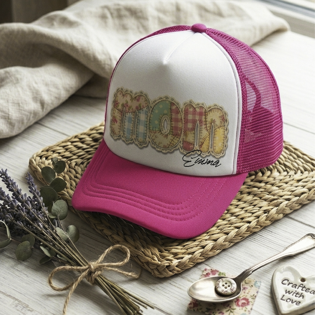 Soft pink custom "Mom" cap mockup with the grandmillennial aesthetic floral print, perfect for a feminine summer look.