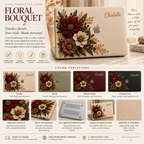 Personalized crochet floral MacBook case infographic from TrioAuraDesign, showing a beige hard shell with burgundy, ivory and dusty rose hand-crocheted-look flowers, custom name “Charlotte,” four background options—Ivory, Sage, Deep Wine and Charcoal—and product features including smooth printed finish, snap-on design, vented bottom, anti-slip feet and lightweight protection.