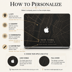 Personalization guide for a custom City Map MacBook case from TrioAuraDesign, showing a dark New York map design with options for city, country, coordinates, and custom text. The infographic also explains Apple logo styles: Logo Visible, where the logo area is left unprinted so the device logo can show through, and Full Cover, where the design is printed over the logo area for a seamless look.