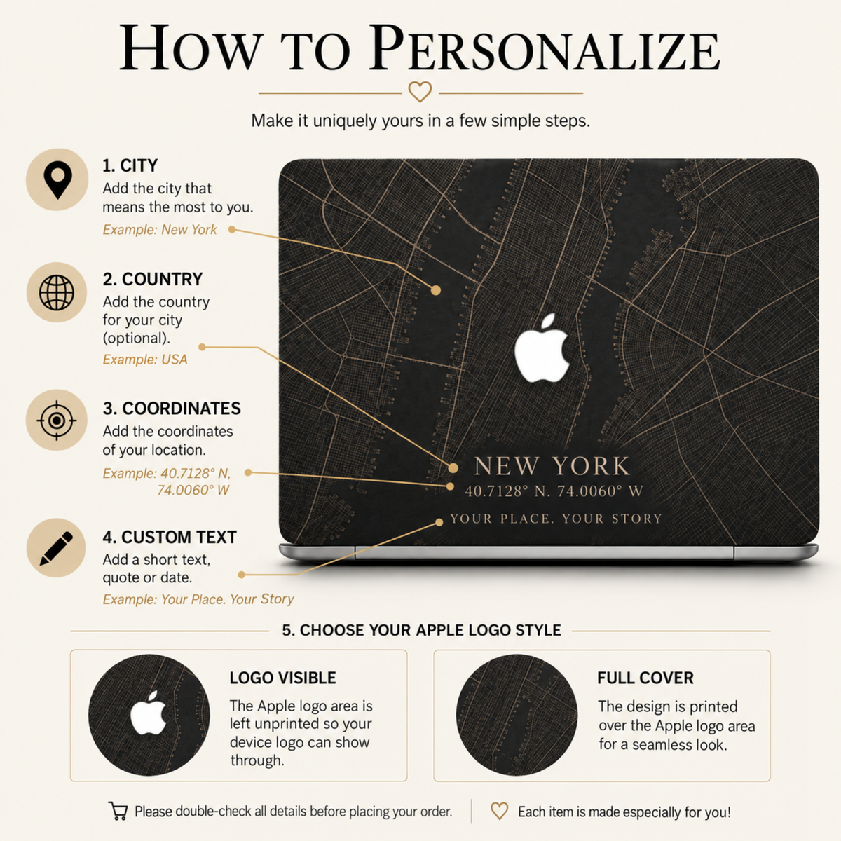 Personalization guide for a custom City Map MacBook case from TrioAuraDesign, showing a dark New York map design with options for city, country, coordinates, and custom text. The infographic also explains Apple logo styles: Logo Visible, where the logo area is left unprinted so the device logo can show through, and Full Cover, where the design is printed over the logo area for a seamless look.