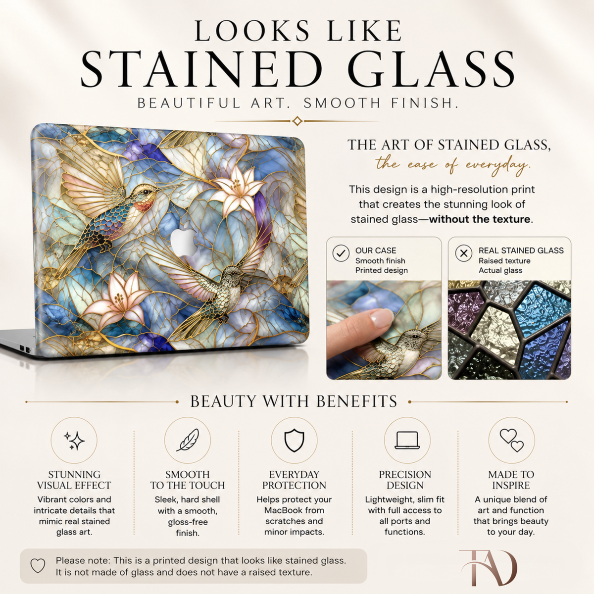 Infographic explaining the stained glass effect on a personalized MacBook case by TrioAuraDesign. It compares the smooth printed finish with real stained glass to show the artwork is a high-resolution print without raised texture. The layout includes a hummingbird and lily design, close-up detail, icons highlighting lightweight protection, precision fit, full port access, and a note explaining the case has a smooth surface with a printed stained glass effect.