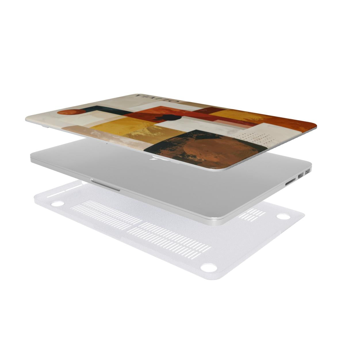 An exploded 3D view of the personalized MacBook case, showing the printed top shell with the Olivia name and terracotta abstract art, the silver laptop, and the clear bottom shell with cooling vents, floating separately on a white background.