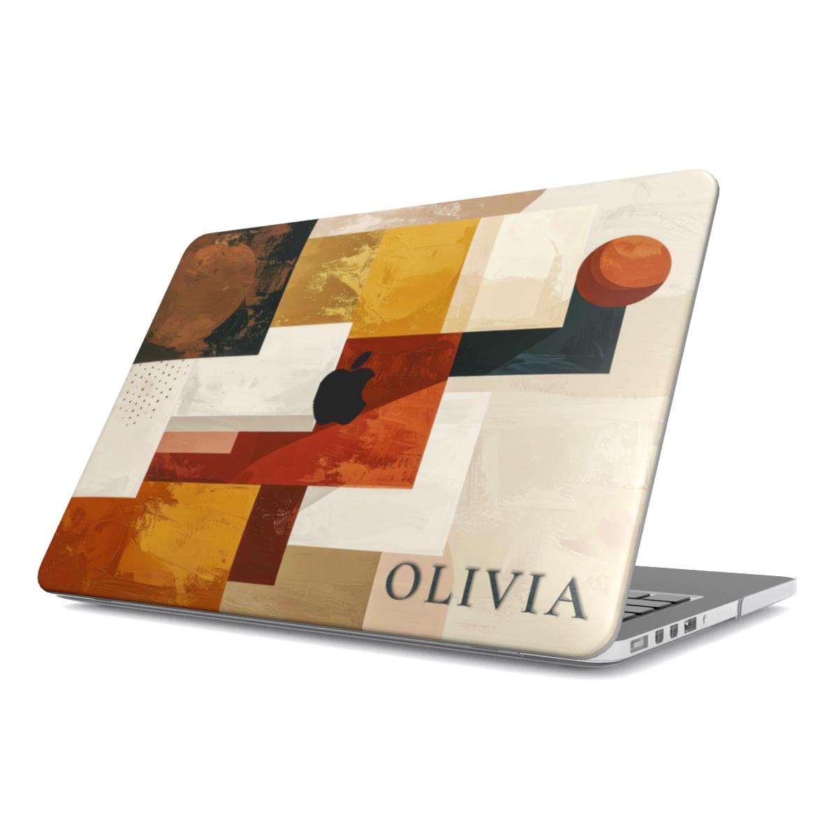 A personalized abstract modern art MacBook case with a geometric pattern in terracotta, ochre, and black, featuring the name Olivia, shown at a perspective angle on a white background.