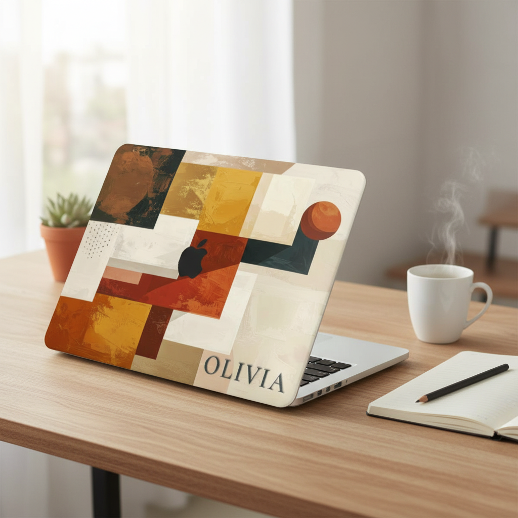 Personalized abstract MacBook case with terracotta, ochre, and geometric patterns and the name Olivia, shown on a light wooden desk with a steaming coffee cup and a notebook.