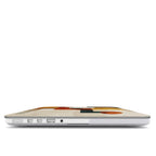 Side view of a MacBook with a personalized abstract terracotta case, highlighting the slim profile and precision cutouts for charging ports, USB, and headphone jack.