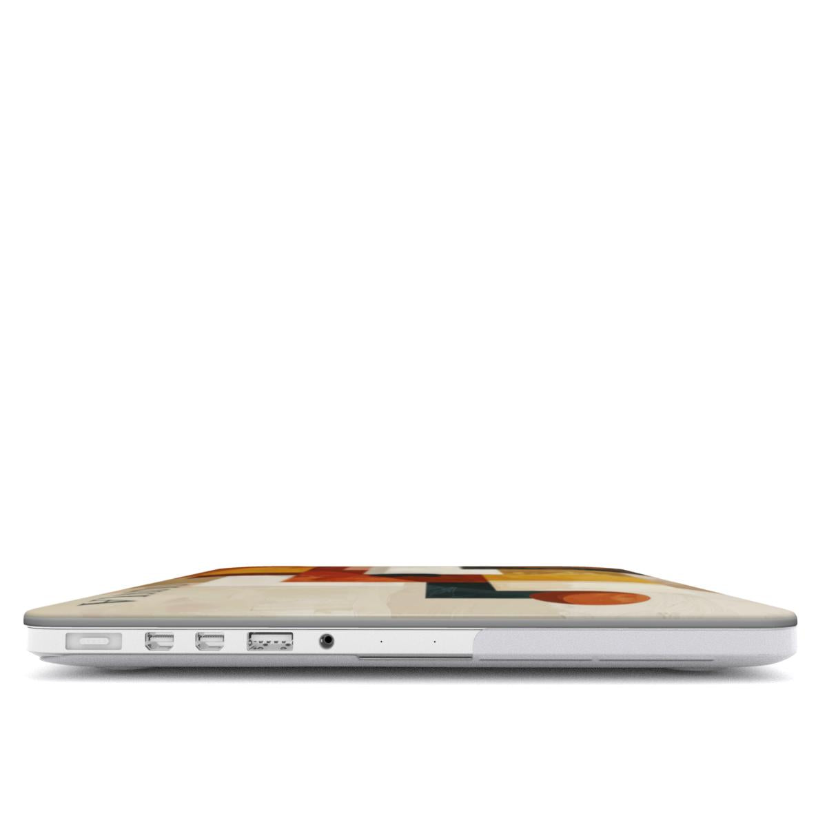 Side view of a MacBook with a personalized abstract terracotta case, highlighting the slim profile and precision cutouts for charging ports, USB, and headphone jack.