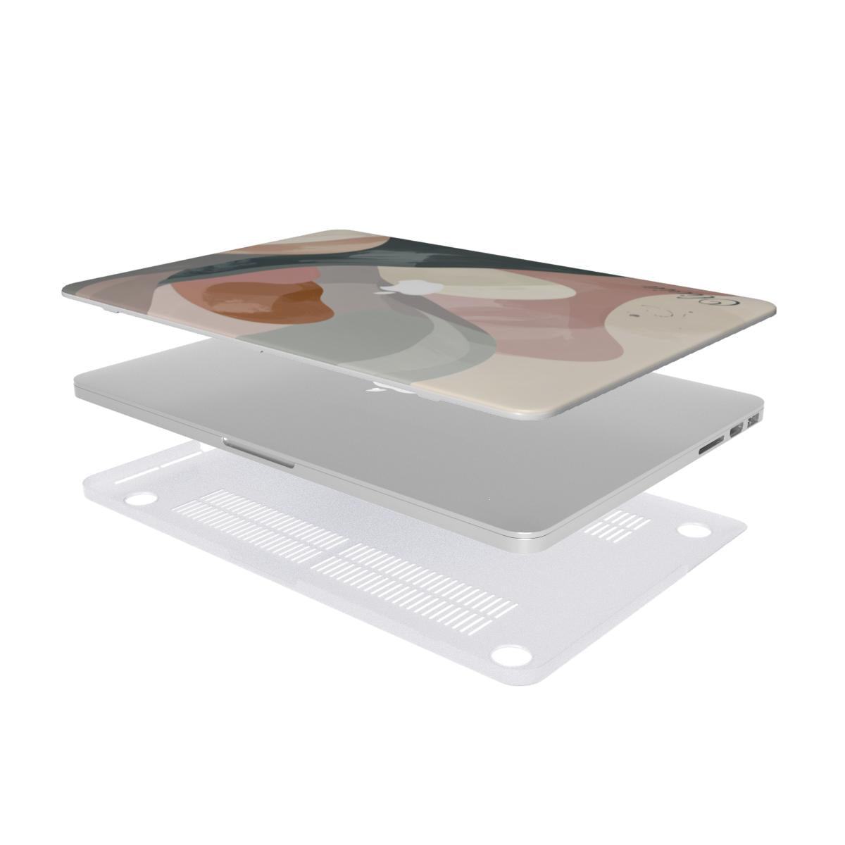 An exploded 3D view of a personalized MacBook case floating separately on a white background, featuring a modern abstract art top case with muted pink, cream, and grey tones and the monogram O.H., and a clear bottom shell with precision ventilation cutouts.