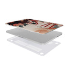 An exploded 3D view of a personalized MacBook case with the Sophia Muse floral portrait design, showing the top printed shell, the laptop, and the clear bottom protective cover with cooling vents.