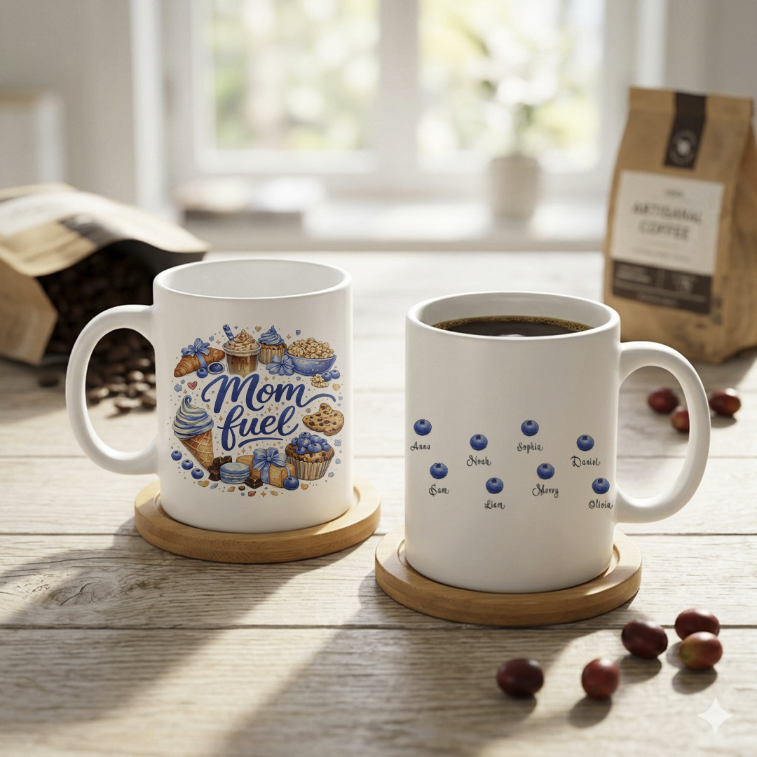 Close-up of the "Mom Fuel" mug design showing detailed watercolor croissants, cupcakes, and blueberries with the name Noah scripted below.
