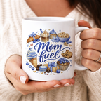Side view of a white personalized "Mom Fuel" coffee cup, highlighting the comfortable handle and the crisp, colorful food illustration.