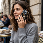 Woman talking on her iPhone at a street café, phone in a black marble printed case.