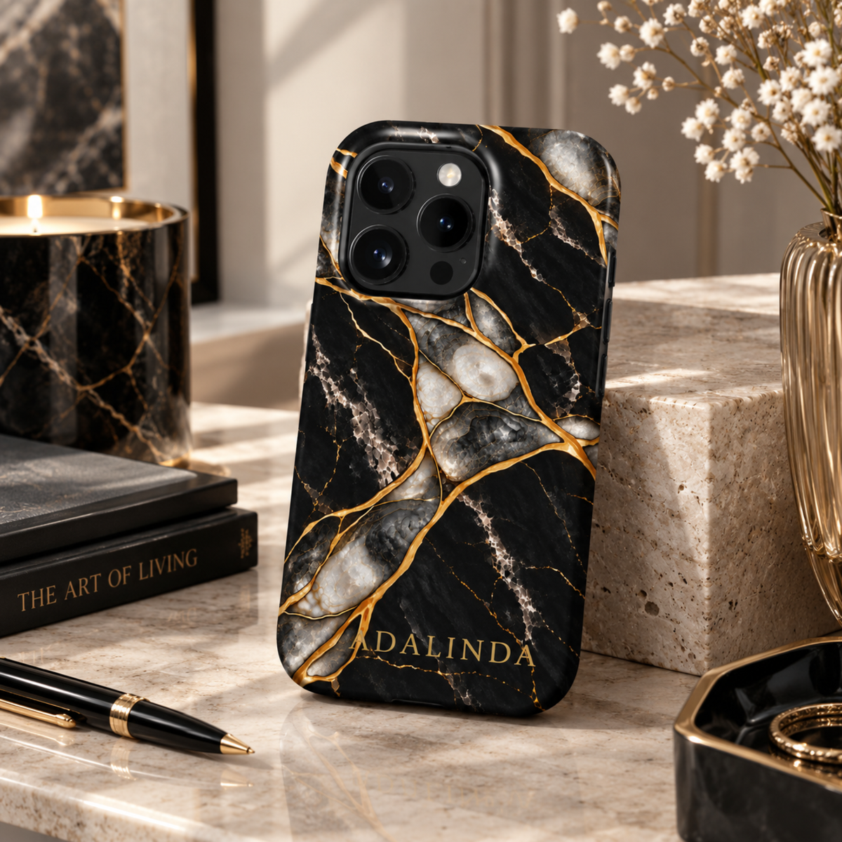 Black Pearl black marble effect iPhone case personalized with ADALINDA standing on a desk beside a pen.