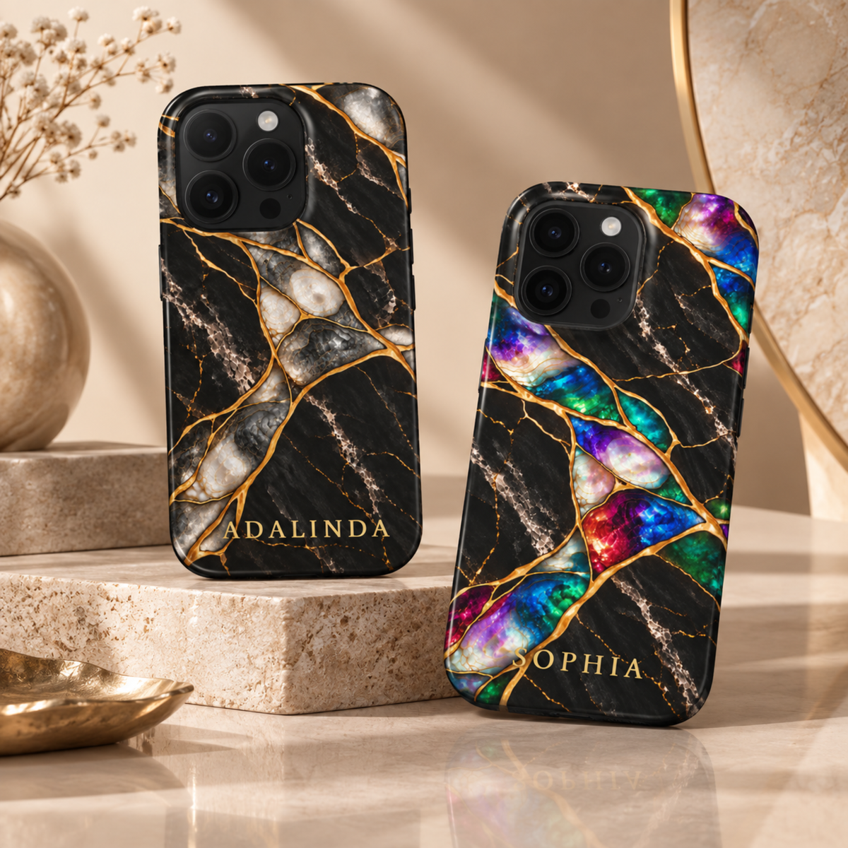 Two marble effect iPhone cases on stone: Black Pearl personalized with ADALINDA and Jewel Tone personalized with SOPHIA.