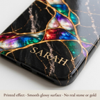 Close-up of a Jewel Tone marble iPhone case personalized with SARAH. Printed effect on a smooth glossy surface, no real stone or gold.
