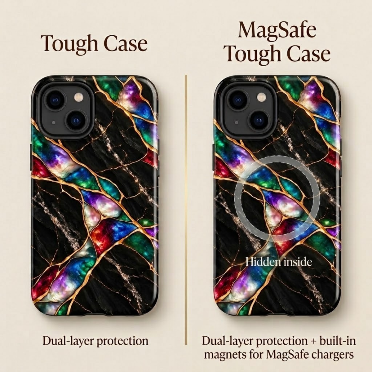 Case type comparison: Tough case with dual-layer protection versus MagSafe Tough with magnets hidden inside for MagSafe chargers.
