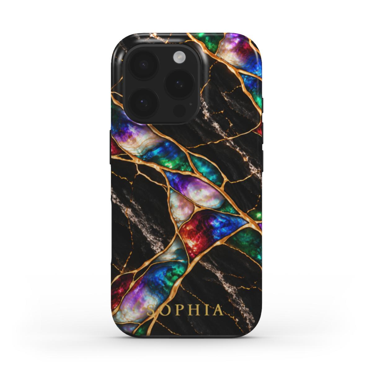 Product shot of the Jewel Tone black marble iPhone case with gold veins and multicolor opal inlay, personalized with SOPHIA.