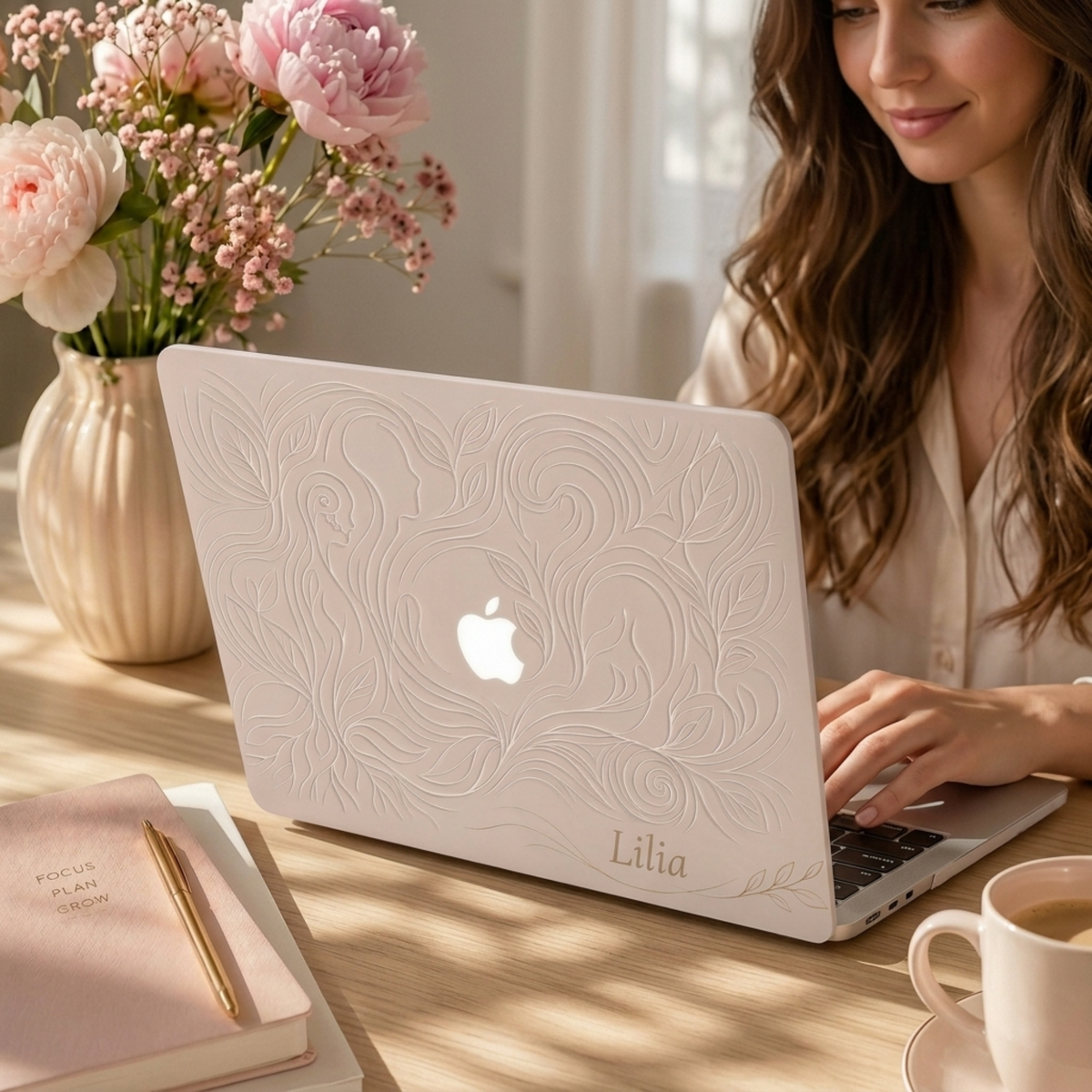 Woman holding a MacBook in a personalized beige botanical case next to a bouquet of peonies, soft neutral styling.