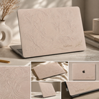 Collage of the beige botanical MacBook case: close-ups of the printed floral artwork, case edges and different angles of the hard shell.