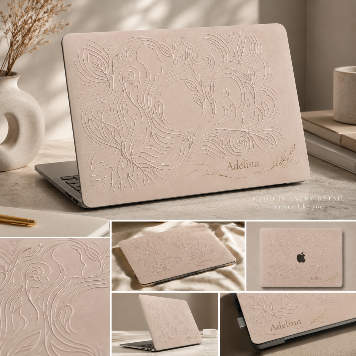 Collage of the beige botanical MacBook case: close-ups of the printed floral artwork, case edges and different angles of the hard shell.