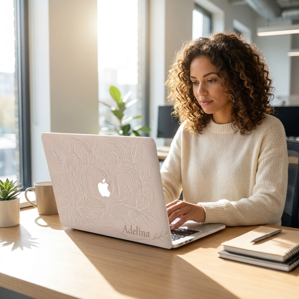 Woman with curly hair typing on a MacBook in a beige botanical printed hard shell case, Apple logo visible, in a calm home workspace.