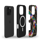 MagSafe case construction: iPhone, black inner case with MagSafe magnet ring, and printed Jewel Tone marble outer shell.