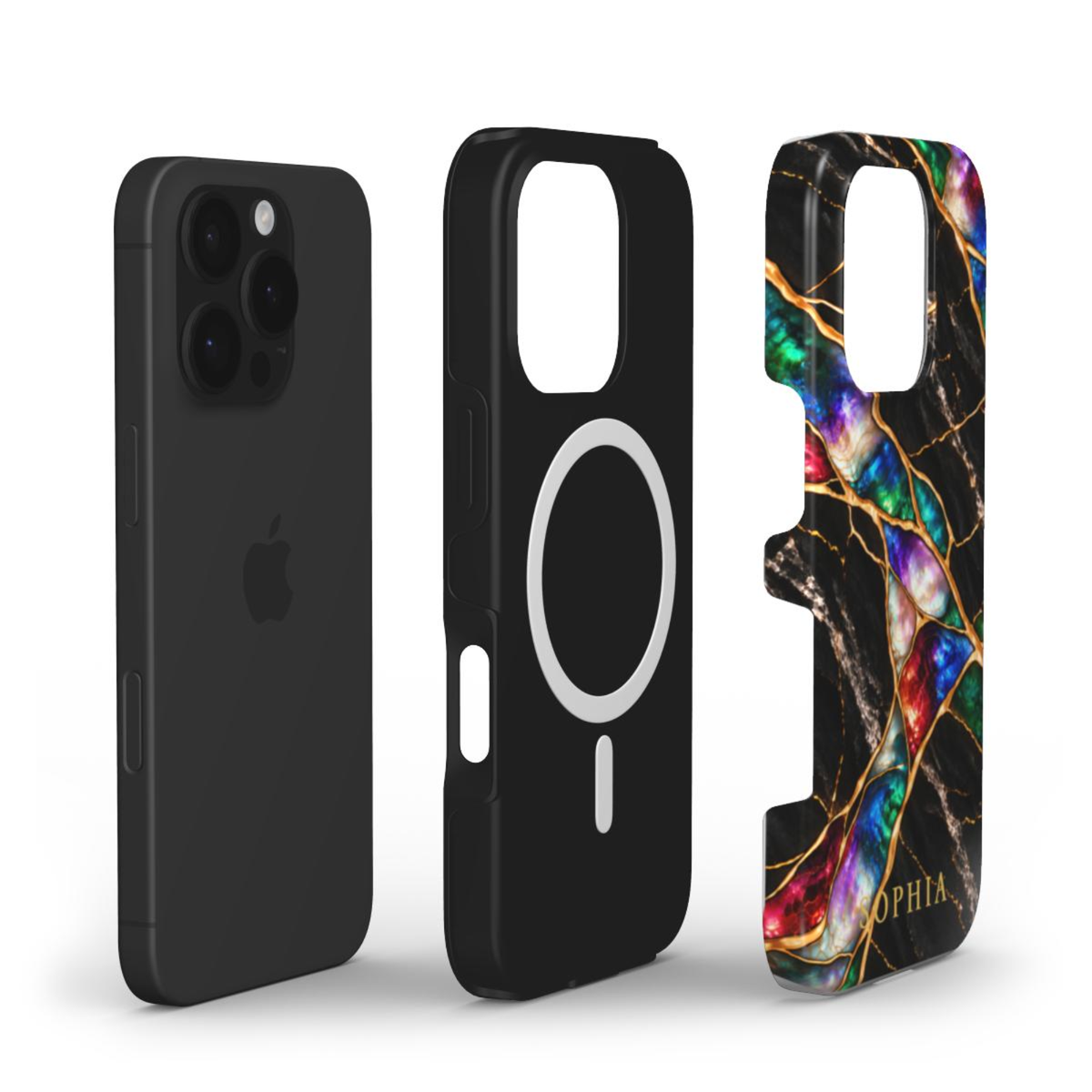 MagSafe case construction: iPhone, black inner case with MagSafe magnet ring, and printed Jewel Tone marble outer shell.