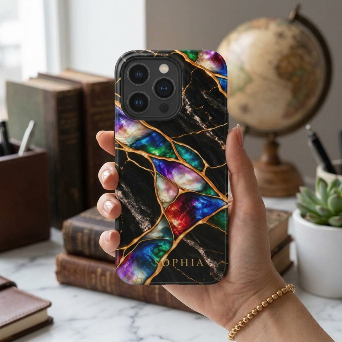 Hand holding an iPhone in a Jewel Tone black marble case with gold veins and colorful opal inlay, personalized with SOPHIA, by a globe and books. Printed effect, smooth glossy finish.