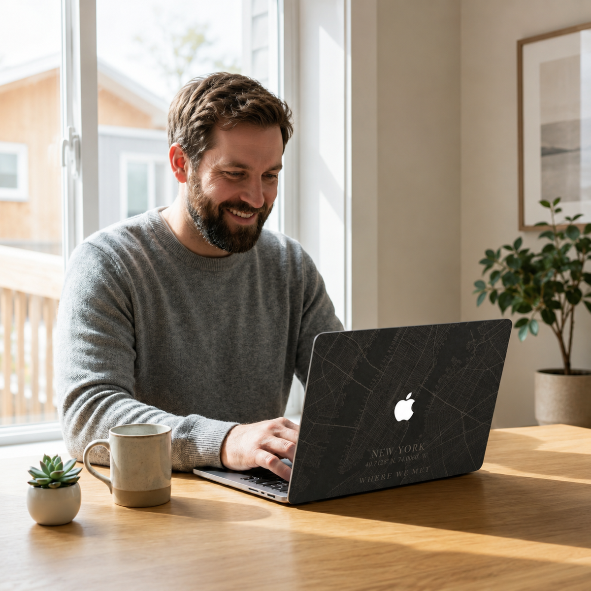 Personalized City Map MacBook case from TrioAuraDesign, shown in use by a man working at a wooden table in a bright home office. The dark hard shell features a custom New York street map, city name, coordinates, the phrase “WHERE WE MET,” and the Apple logo visible at center. Lifestyle view of a meaningful custom map laptop cover for compatible MacBook Air, Pro, and Neo models.