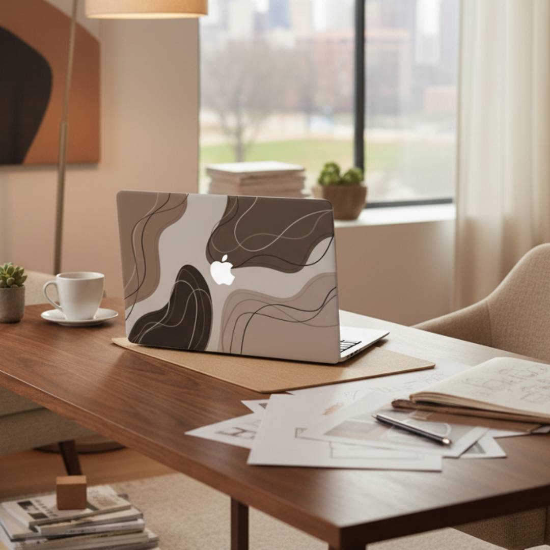 A side perspective view of a silver MacBook featuring a minimalist hard shell case with a brown and beige abstract wave design. The organic flow patterns and earth tones create a modern aesthetic.