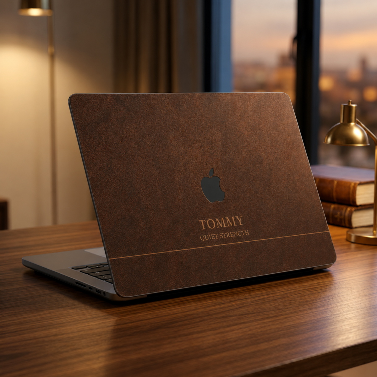 Personalized leather-effect MacBook case from TrioAuraDesign, shown on a wooden desk in a warm evening workspace. The dark brown smooth hard shell features the custom name “TOMMY,” the phrase “QUIET STRENGTH,” and the Apple logo visible at center. Refined custom laptop cover with a printed leather look, no real leather or raised texture.