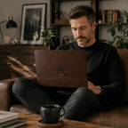 Personalized leather-effect MacBook case from TrioAuraDesign, shown in use by a man seated in a warm home office. The dark brown smooth hard shell features the custom text “DAD,” the phrase “ROOTED. STRONG. PRESENT.” and the Apple logo visible at center. Lifestyle view of a refined printed leather-look laptop cover with no real leather or raised texture.