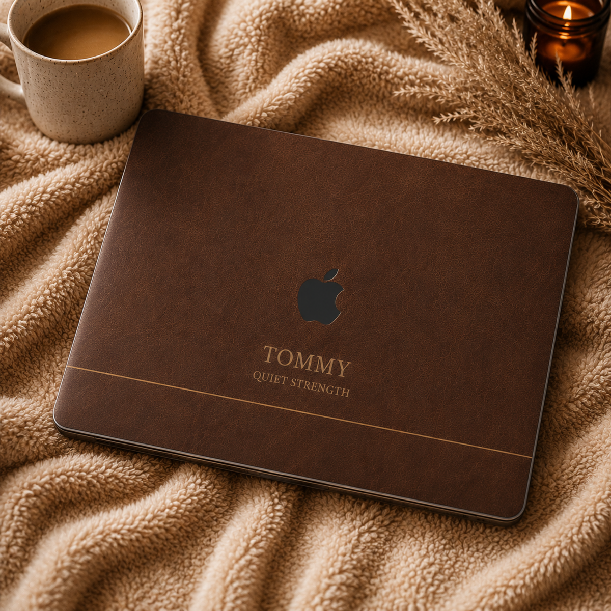 Personalized leather-effect MacBook case from TrioAuraDesign, shown closed on a soft beige blanket beside a coffee mug and candle. The rich dark brown smooth hard shell features the custom name “TOMMY,” the phrase “QUIET STRENGTH,” and the Apple logo visible at center. Cozy lifestyle view of a printed leather-look laptop cover with no real leather or raised texture.
