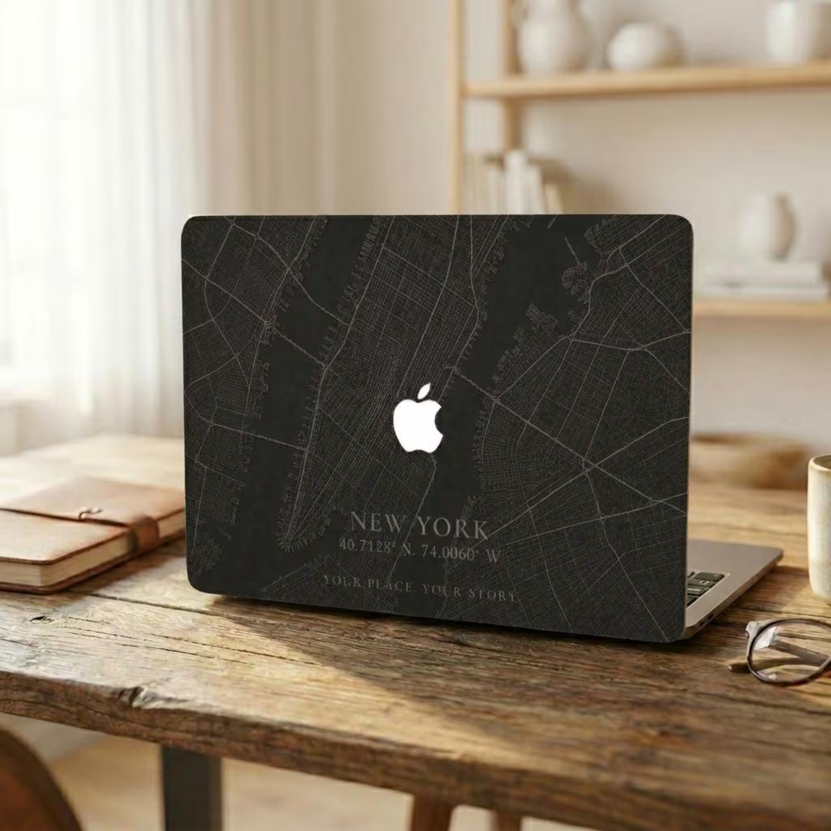 Personalized City Map MacBook case from TrioAuraDesign, shown on a rustic wooden desk in a warm home office. The dark hard shell features a custom New York street map, city name, coordinates, the phrase “YOUR PLACE. YOUR STORY,” and the Apple logo visible at center. Lifestyle view of a custom map laptop cover for compatible MacBook Air, Pro, and Neo models.