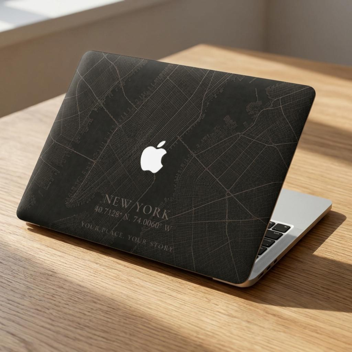 Personalized City Map MacBook case from TrioAuraDesign, shown on a wooden desk with a dark New York street map design. The smooth hard shell features custom city text “NEW YORK,” coordinates, the phrase “YOUR PLACE. YOUR STORY,” and the Apple logo visible at center. Warm lifestyle product view for compatible MacBook Air, Pro, and Neo models.