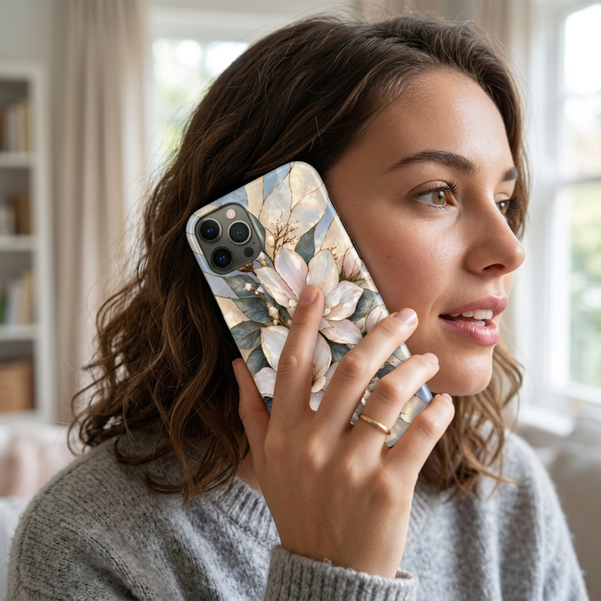 Woman holding an iPhone in a Blue Bloom magnolia printed case.